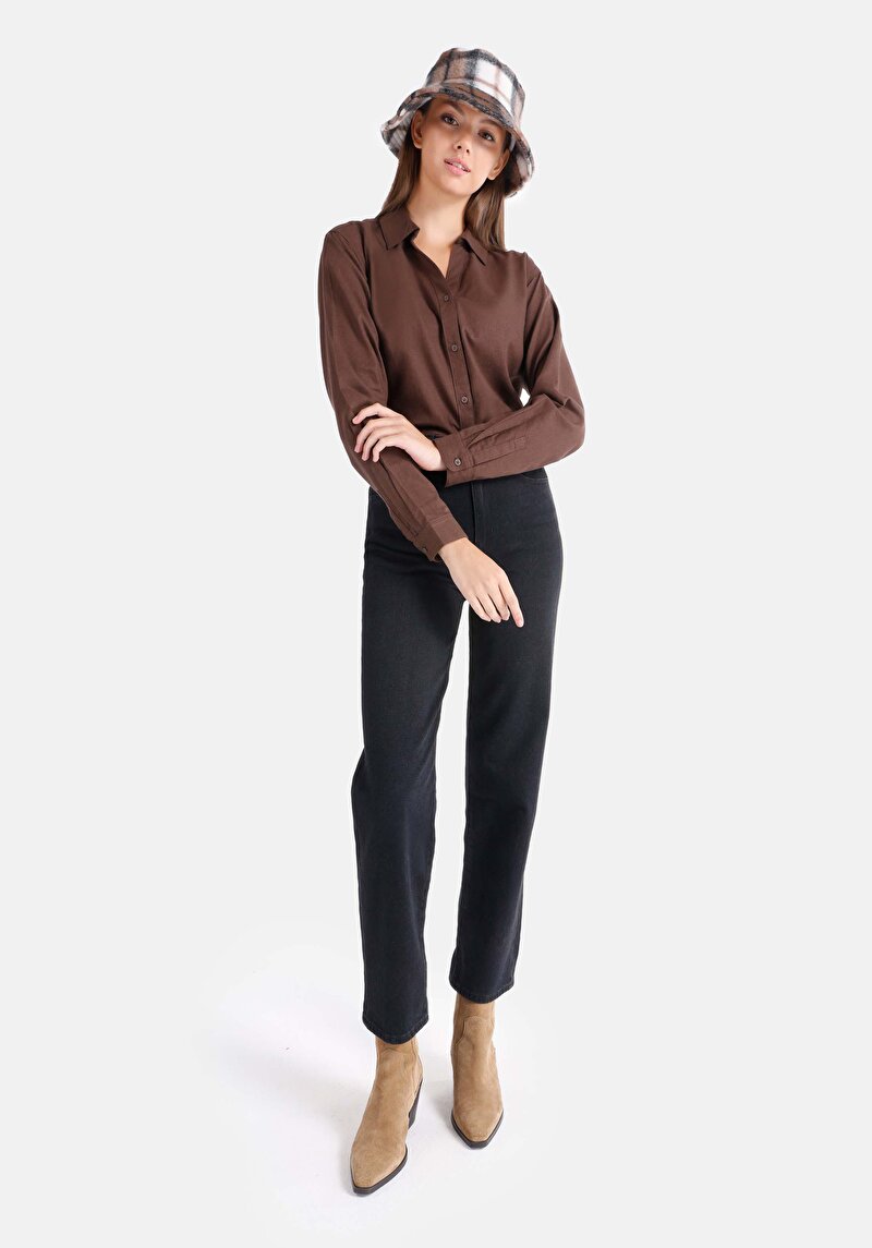 Afișați detalii pentru Drept Fit Talie Talie Picior Drept Blugi Negri Pentru Femei