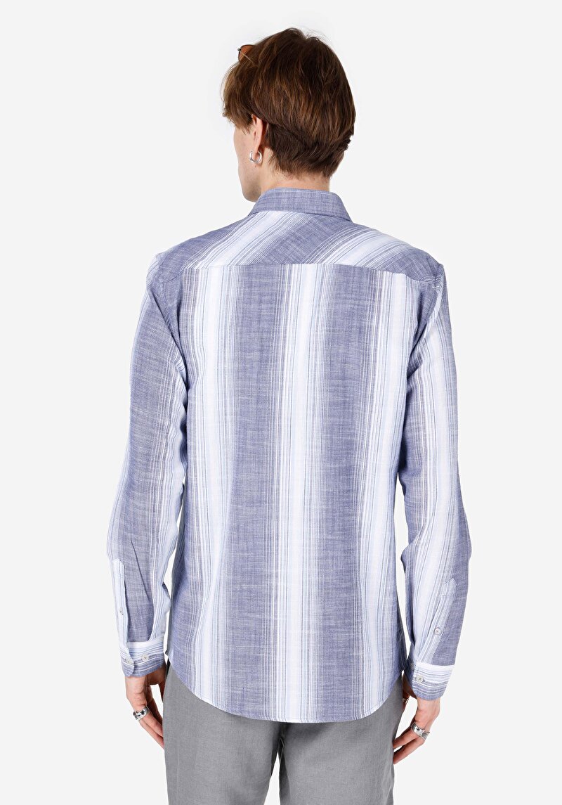 Afișați detalii pentru Cămașă Cu Dungi Cămașă Cu Mânecă Lungă Bleumarin Pentru Bărbați