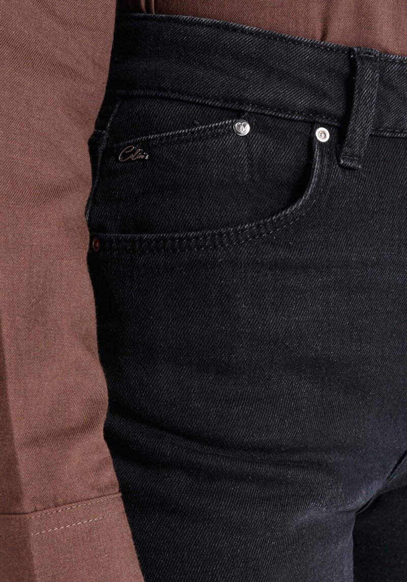 Afișați detalii pentru Drept Fit Talie Talie Picior Drept Blugi Negri Pentru Femei