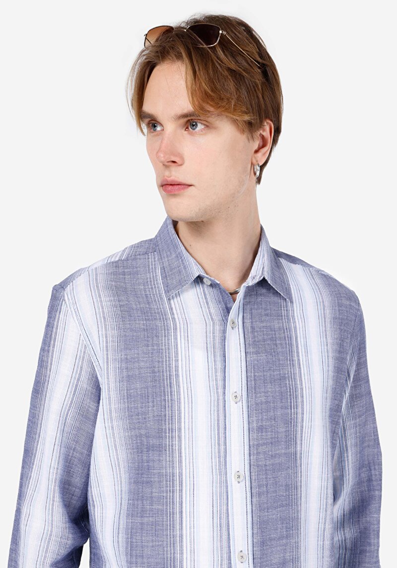 Afișați detalii pentru Cămașă Cu Dungi Cămașă Cu Mânecă Lungă Bleumarin Pentru Bărbați