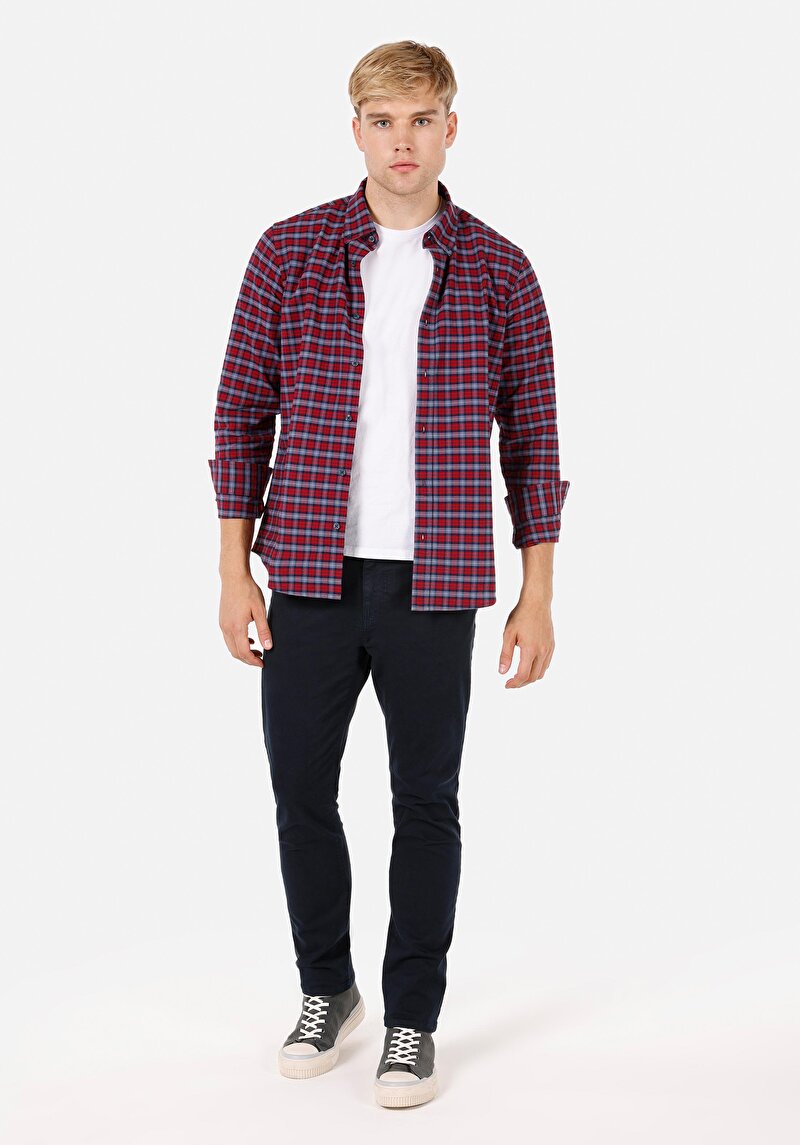 Imagine a Regular Fit Cămașă Gât În Carouri Cămașă Roșie Cu Mânecă Lungă Pentru Bărbați