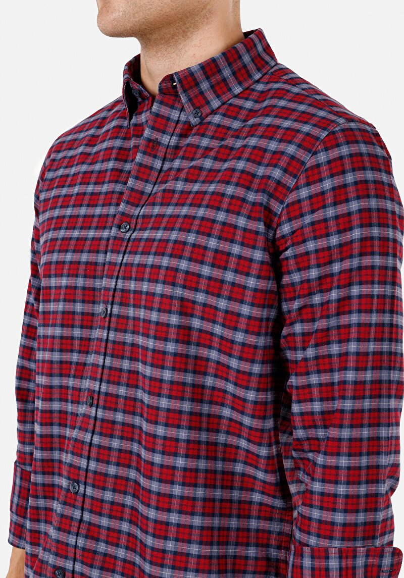 Imagine a Regular Fit Cămașă Gât În Carouri Cămașă Roșie Cu Mânecă Lungă Pentru Bărbați