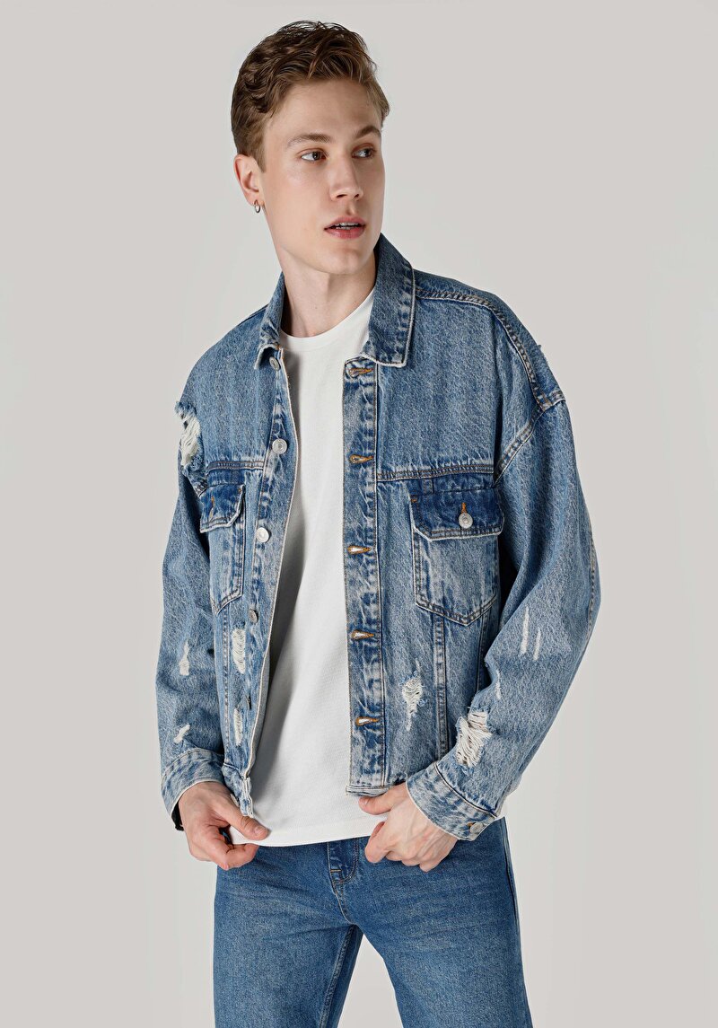 Imagine a Jachetă Albastră Pentru Bărbați Oversize Fit Fără Căptușeală Cu Fermoar