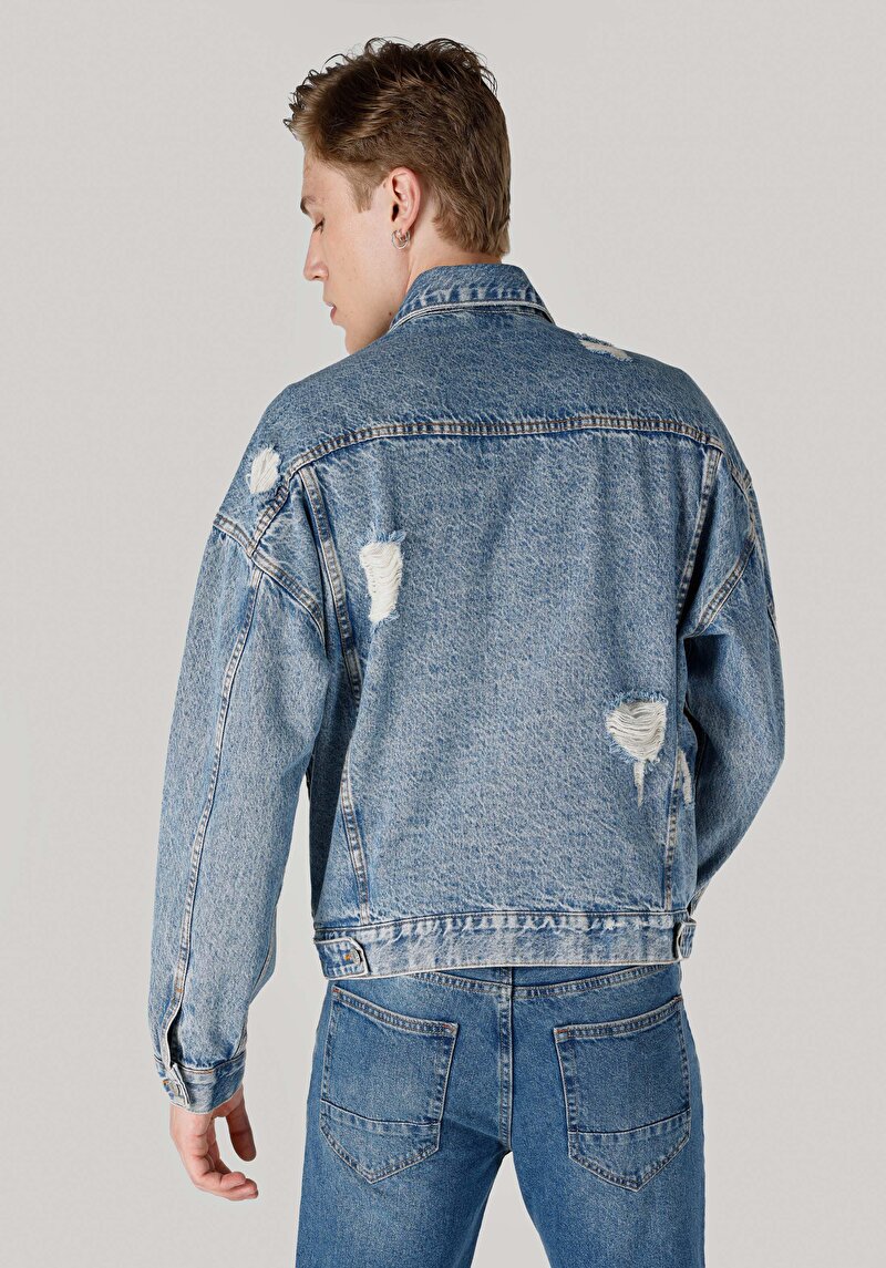 Imagine a Jachetă Albastră Pentru Bărbați Oversize Fit Fără Căptușeală Cu Fermoar