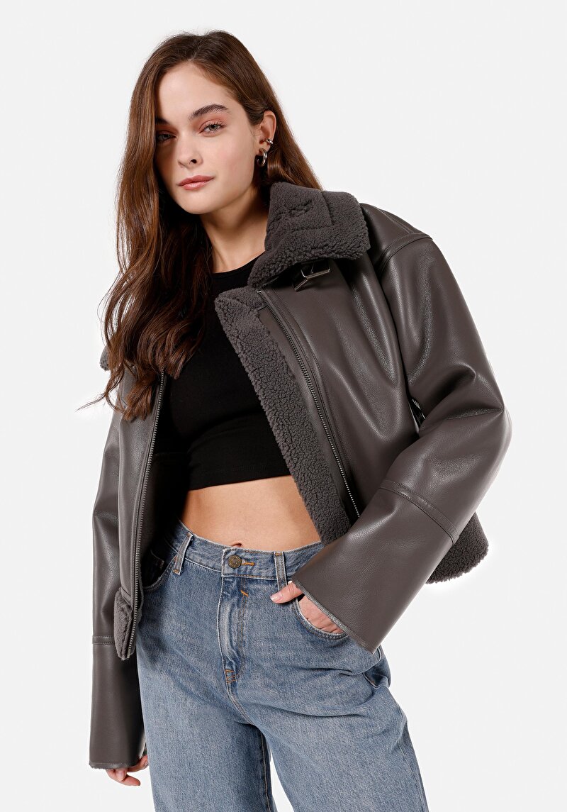 Imagine a Regular Fit Cămașă Decolteu Pentru Femei Palton Antracit Pu