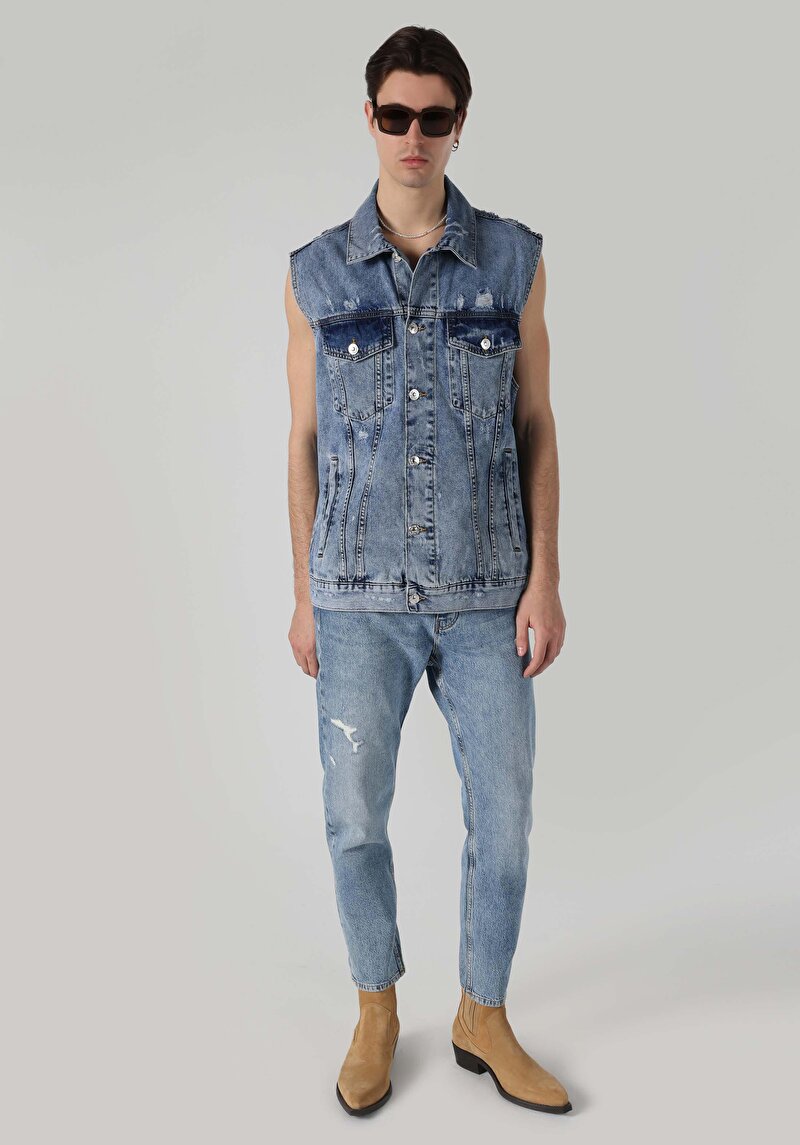 Afișați detalii pentru Vestă Albastră Pentru Bărbați Cu Buton Cu Guler