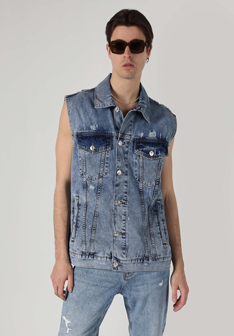 Afișați detalii pentru Vestă Albastră Pentru Bărbați Cu Buton Cu Guler