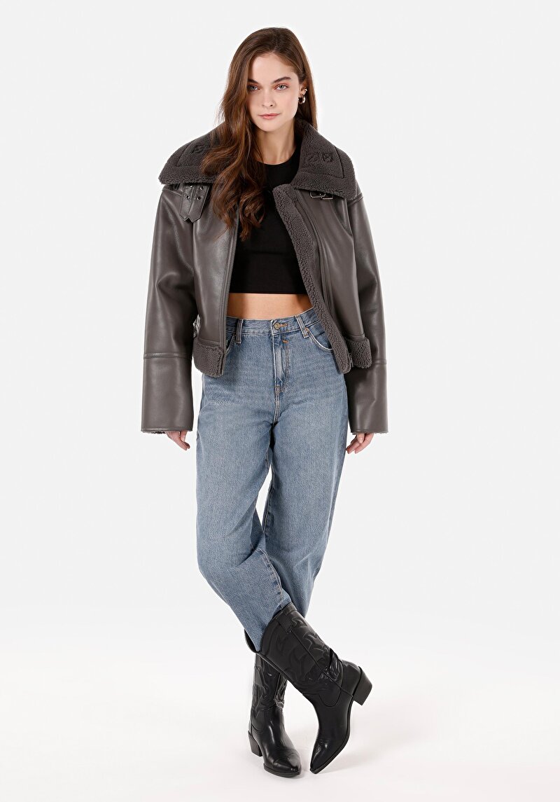 Afișați detalii pentru Regular Fit Cămașă Decolteu Pentru Femei Palton Antracit Pu