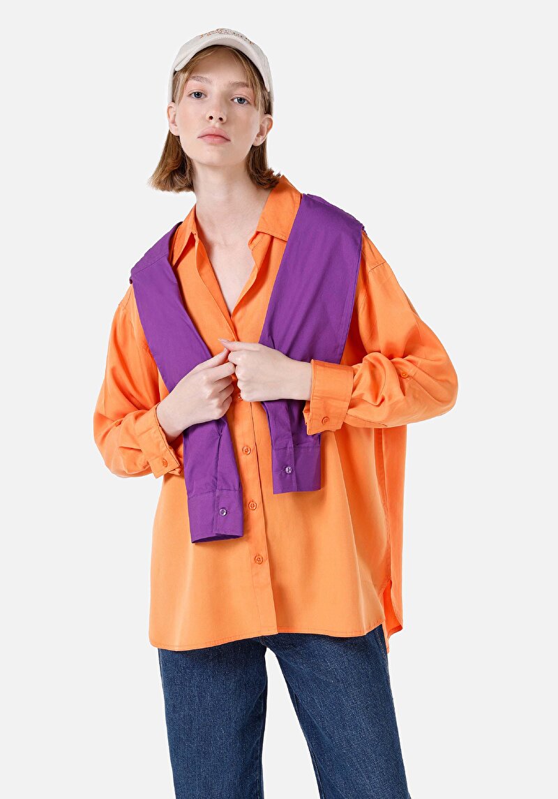 Imagine a Cămașă Relaxed Fit Neck Drept Cămașă Portocalie Roll-Up Pentru Femei