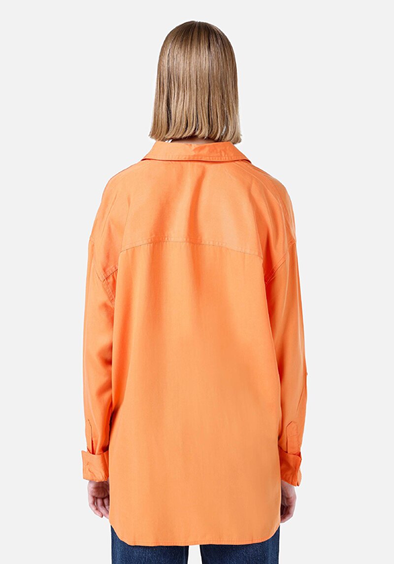 Afișați detalii pentru Cămașă Relaxed Fit Neck Drept Cămașă Portocalie Roll-Up Pentru Femei