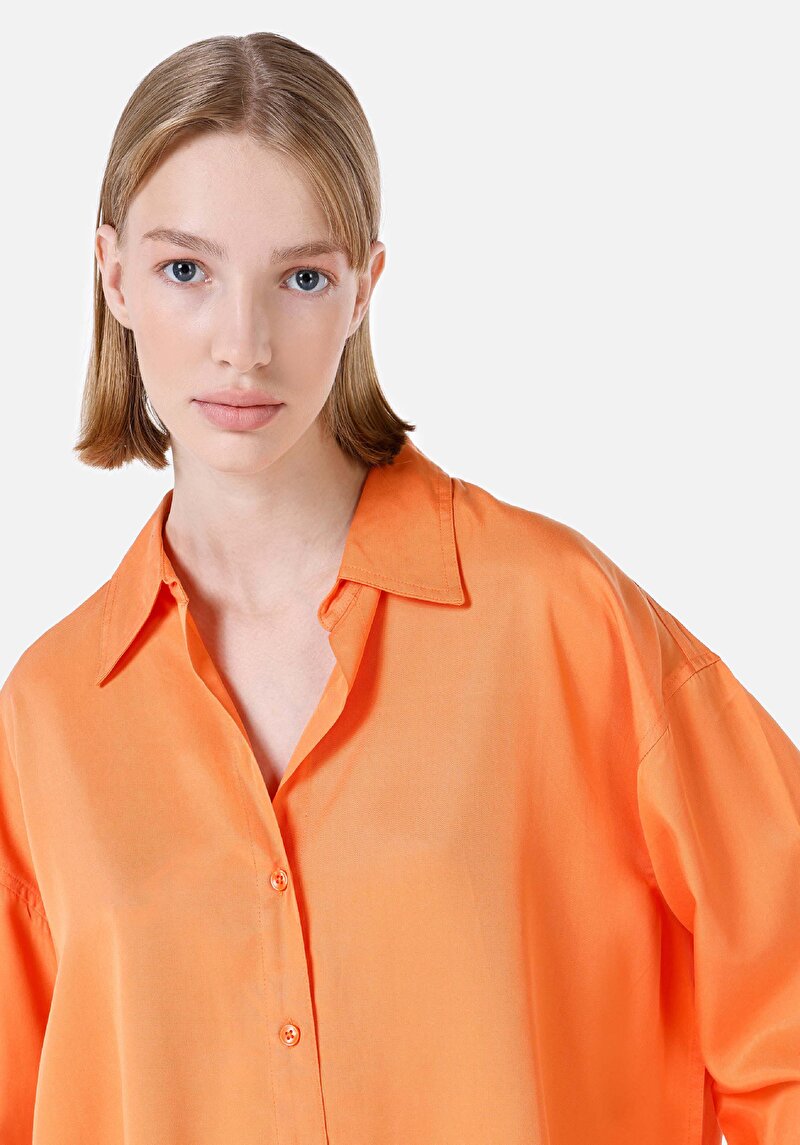 Afișați detalii pentru Cămașă Relaxed Fit Neck Drept Cămașă Portocalie Roll-Up Pentru Femei