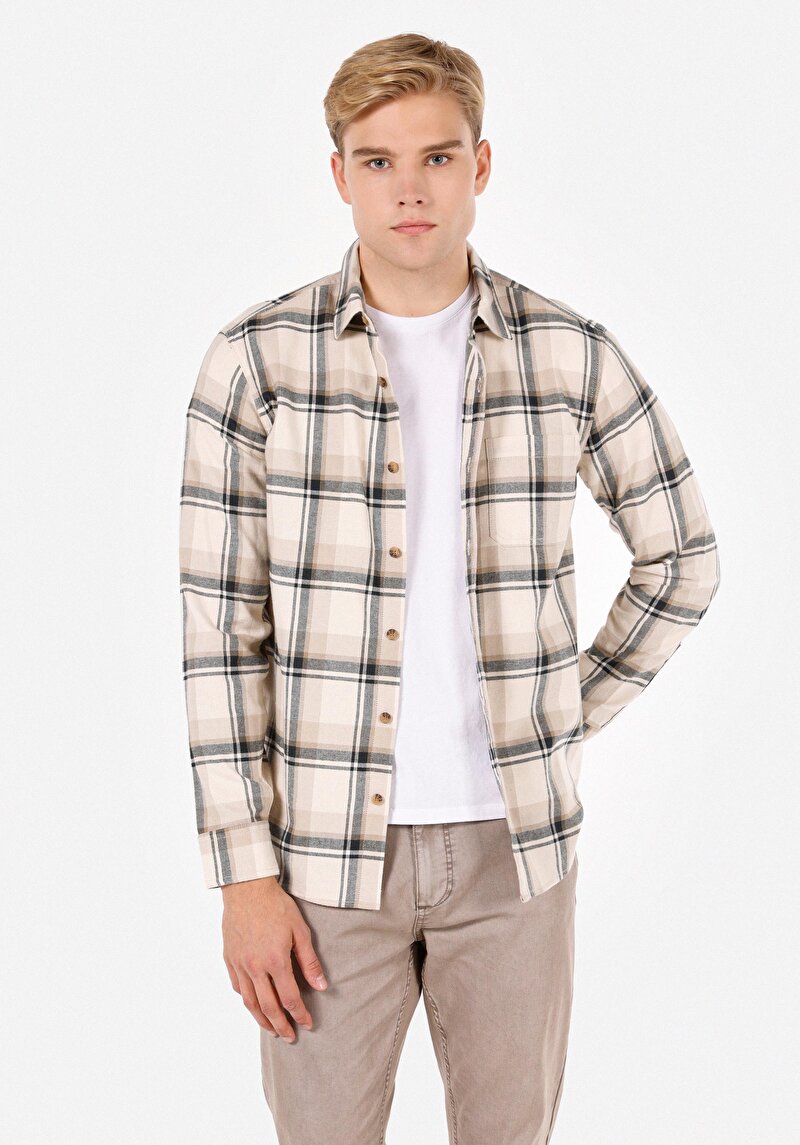 Imagine a Regular Fit Classic Collar Cămașă Cu Mânecă Lungă Ecru Pentru Bărbați