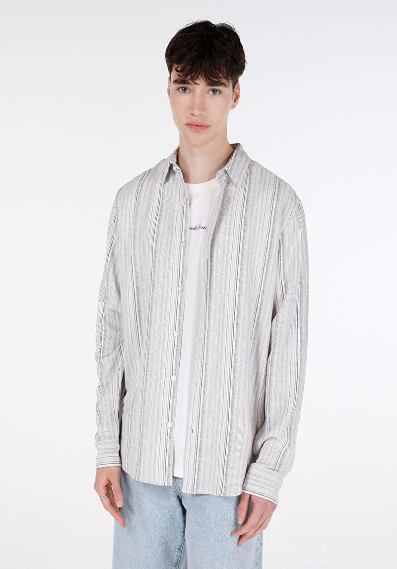 Imagine a Cămașă Cu Gât İmprimat Cămașă Cu Mânecă Lungă Ecru Pentru Bărbați