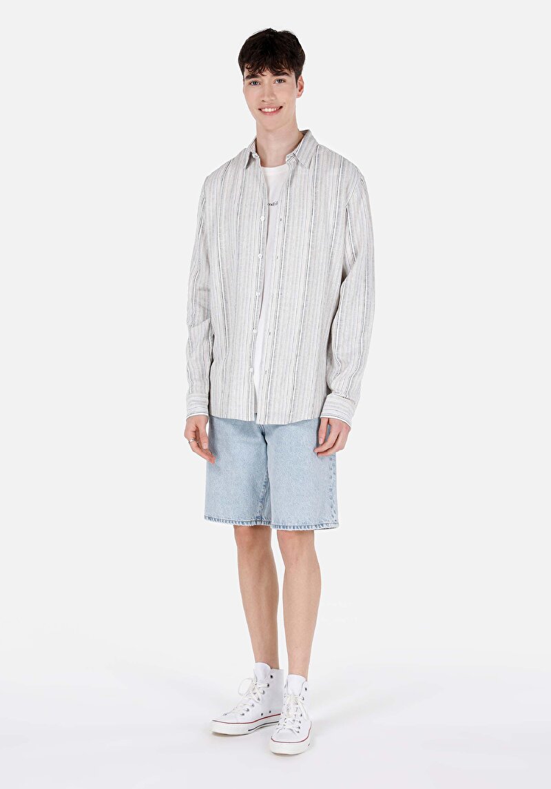 Afișați detalii pentru Cămașă Cu Gât İmprimat Cămașă Cu Mânecă Lungă Ecru Pentru Bărbați