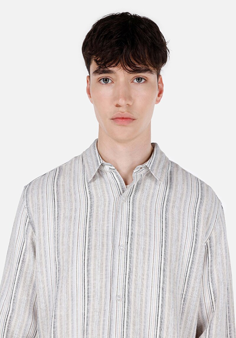 Imagine a Cămașă Cu Gât İmprimat Cămașă Cu Mânecă Lungă Ecru Pentru Bărbați