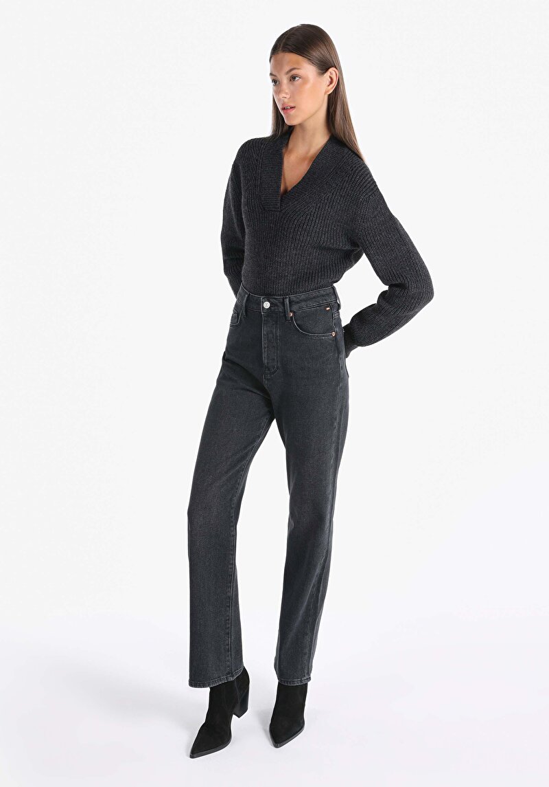 Imagine a Regular Fit Talie Ascendentă Picior Lungime Completă Blugi Negri Pentru Femei