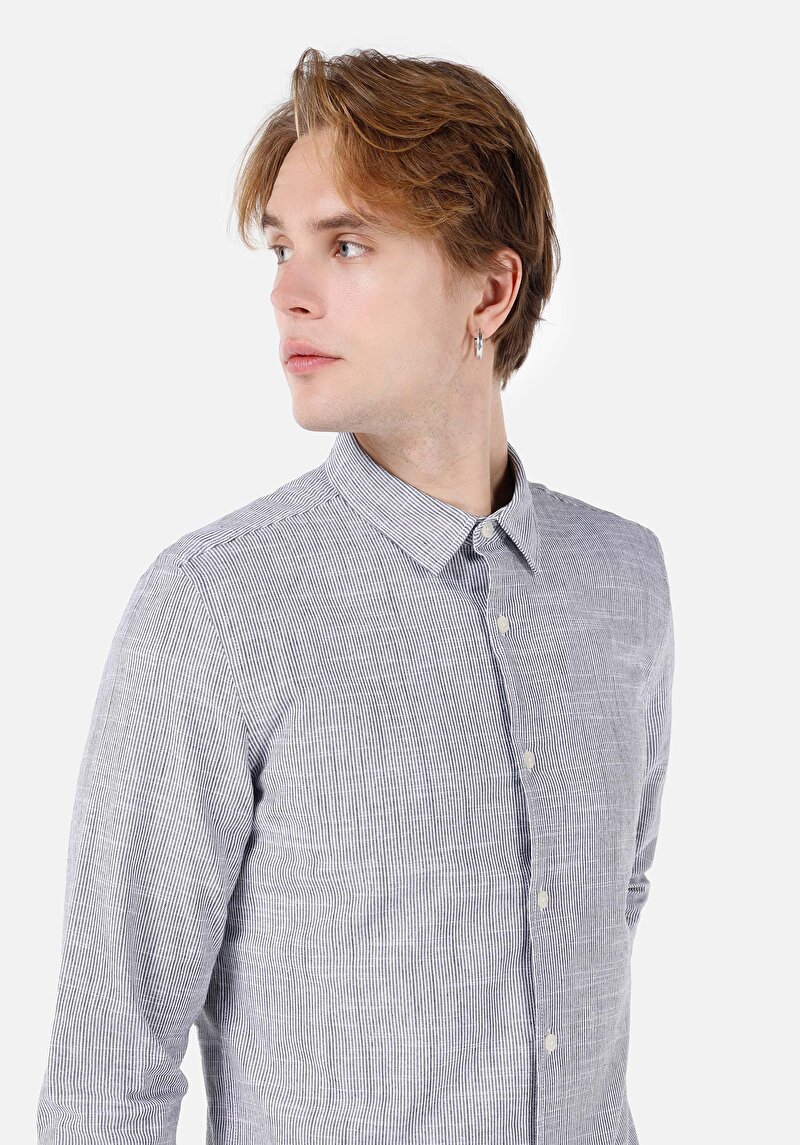 Afișați detalii pentru Cămașă Slim Fit Cămașă Dreaptă Bărbați Bleumarin Cămașă Cu Manșon Lung