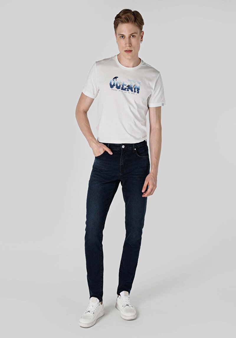 Imagine a Slim Fit Talie Joasă Picior Îngust Blugi İndigo Închis Pentru Bărbați