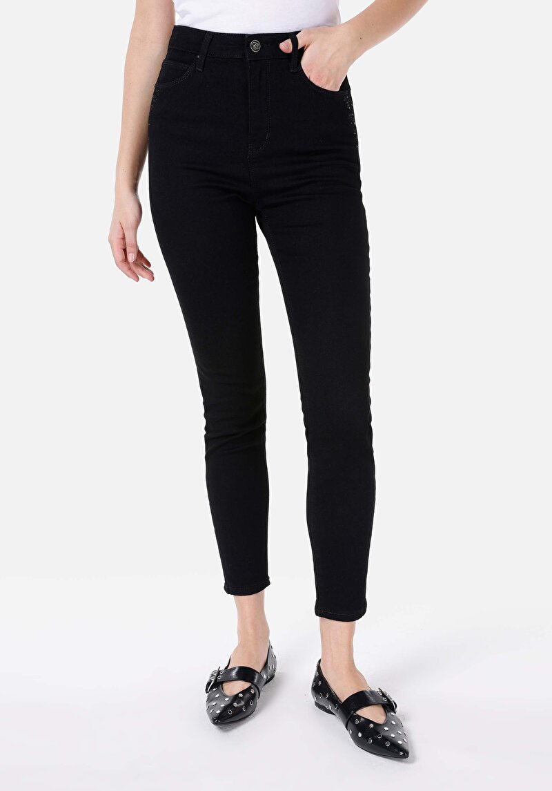 Imagine a Skinny Fit Rise Waist Super Narrow Leg Blugi İndigo Pentru Femei