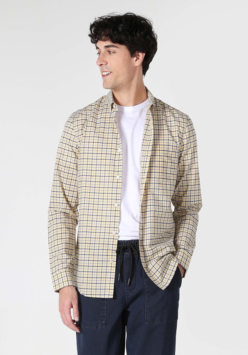 Imagine a Cămașă Slim Fit Gât În Carouri Cămașă Cu Mânecă Lungă Sari Pentru Bărbați