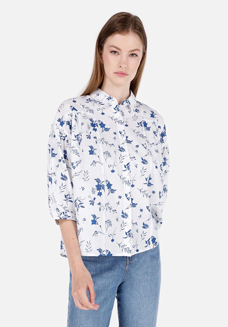 Imagine a Regular Fit Cămașă Gât Floral Pentru Femei Alb Cămașă Cu Mânecă 3/4