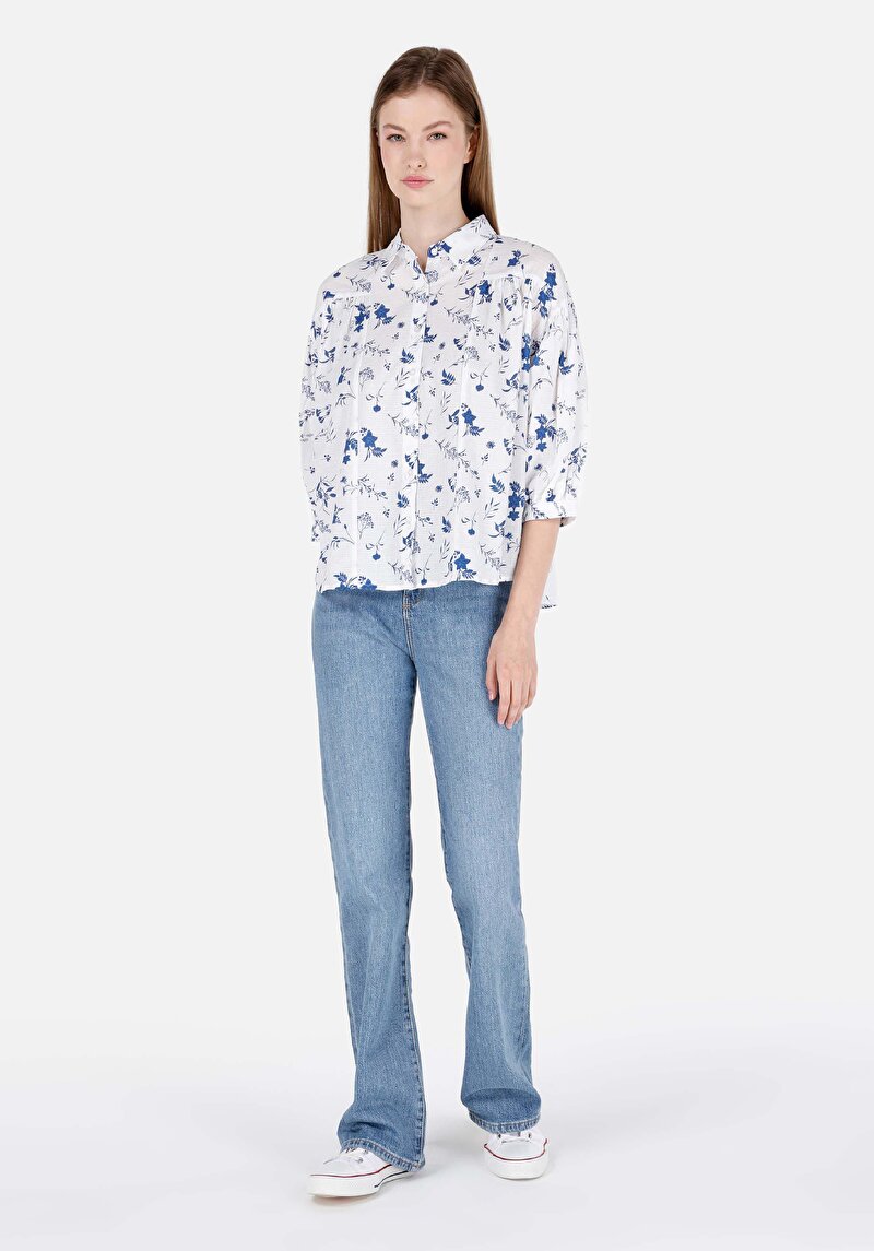 Imagine a Regular Fit Cămașă Gât Floral Pentru Femei Alb Cămașă Cu Mânecă 3/4