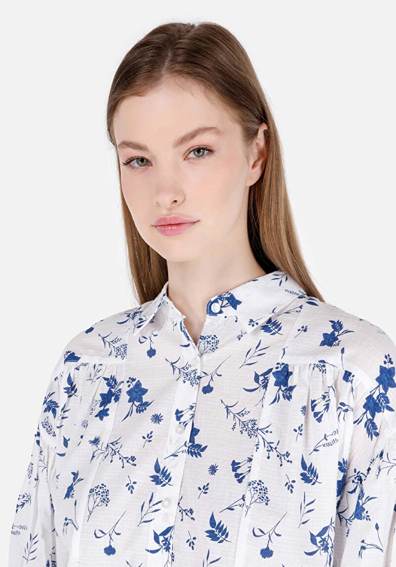 Afișați detalii pentru Regular Fit Cămașă Gât Floral Pentru Femei Alb Cămașă Cu Mânecă 3/4