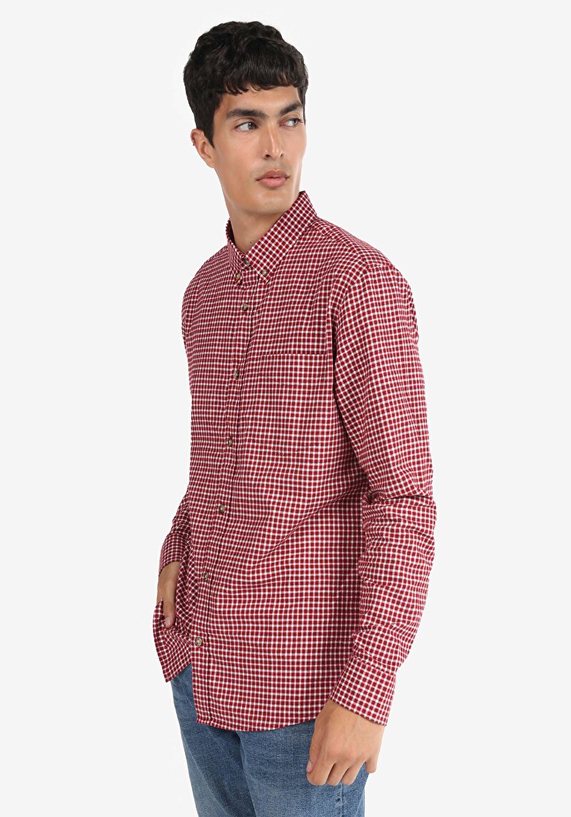 Imagine a Cămașă Cu Gât În Carouri Cămașă Cu Mânecă Lungă Pentru Bărbați Visiniu