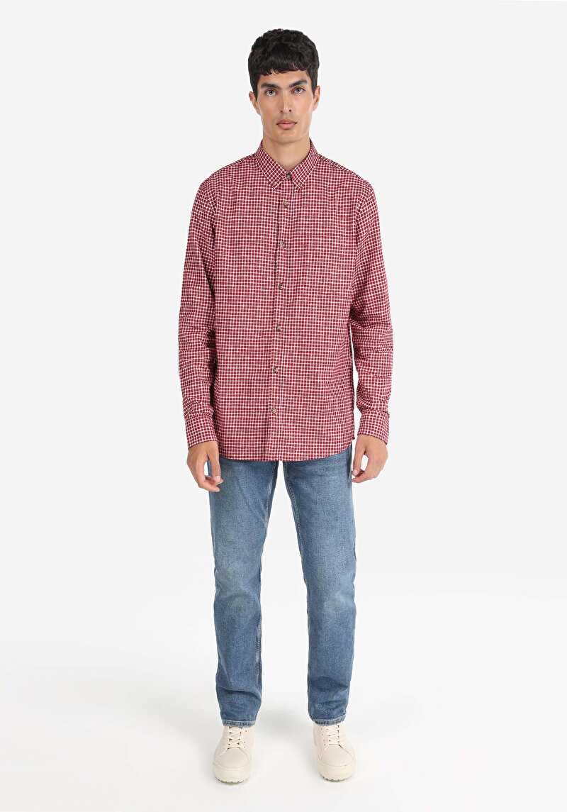 Afișați detalii pentru Cămașă Cu Gât În Carouri Cămașă Cu Mânecă Lungă Pentru Bărbați Visiniu