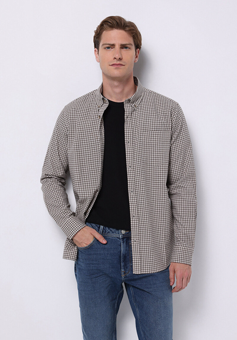 Imagine a Cămașă Cu Gât În Carouri Cămașă Cu Mânecă Lungă Maro Pentru Bărbați