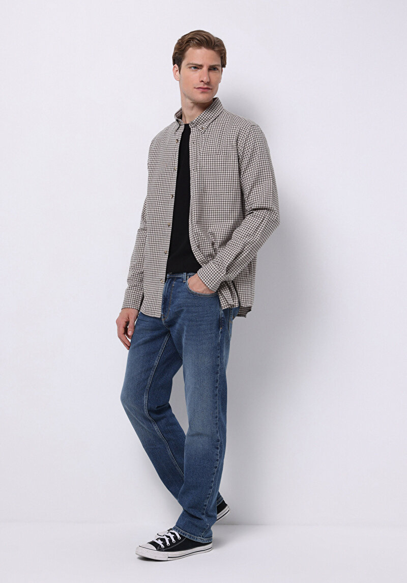 Imagine a Cămașă Cu Gât În Carouri Cămașă Cu Mânecă Lungă Maro Pentru Bărbați