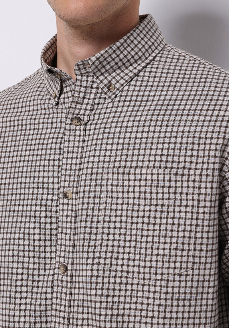 Imagine a Cămașă Cu Gât În Carouri Cămașă Cu Mânecă Lungă Maro Pentru Bărbați