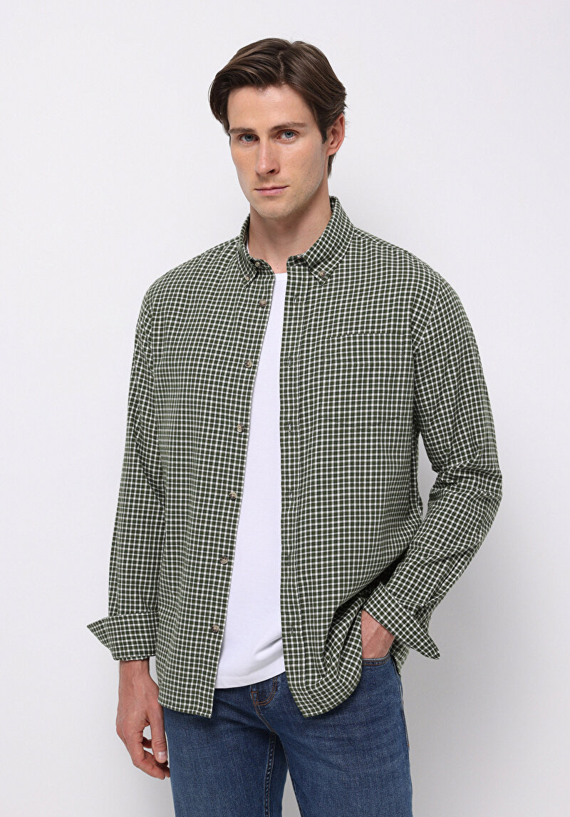 Imagine a Cămașă Cu Gât În Carouri Cămașă Cu Mânecă Lungă Verde Pentru Bărbați
