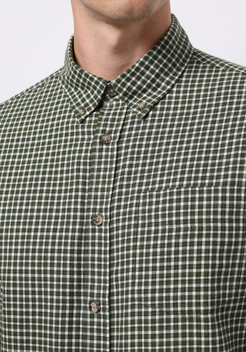 Afișați detalii pentru Cămașă Cu Gât În Carouri Cămașă Cu Mânecă Lungă Verde Pentru Bărbați