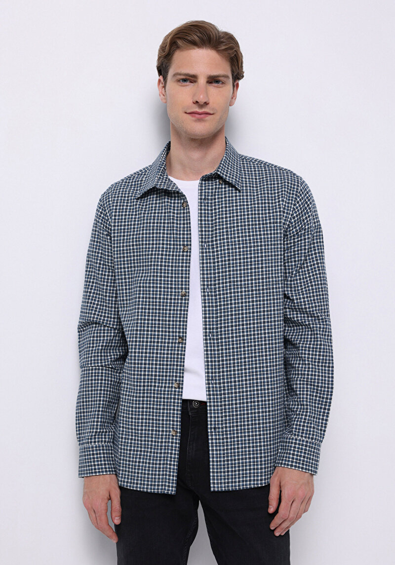 Imagine a Cămașă Cu Gât În Carouri Cămașă Cu Mânecă Lungă Bleumarin Pentru Bărbați