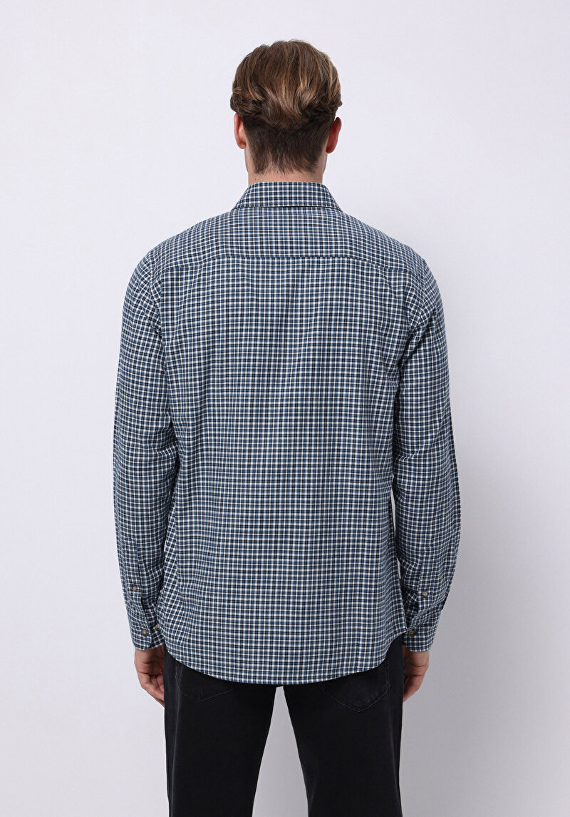 Afișați detalii pentru Cămașă Cu Gât În Carouri Cămașă Cu Mânecă Lungă Bleumarin Pentru Bărbați