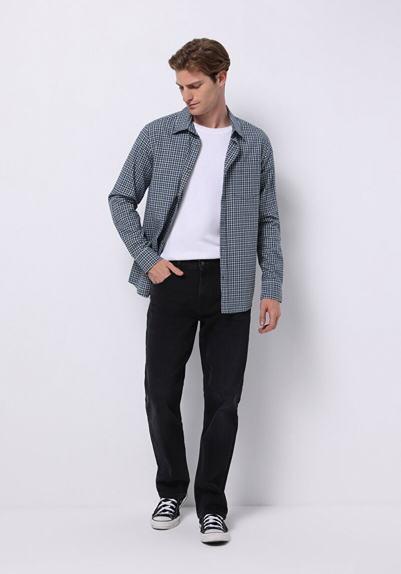 Imagine a Cămașă Cu Gât În Carouri Cămașă Cu Mânecă Lungă Bleumarin Pentru Bărbați