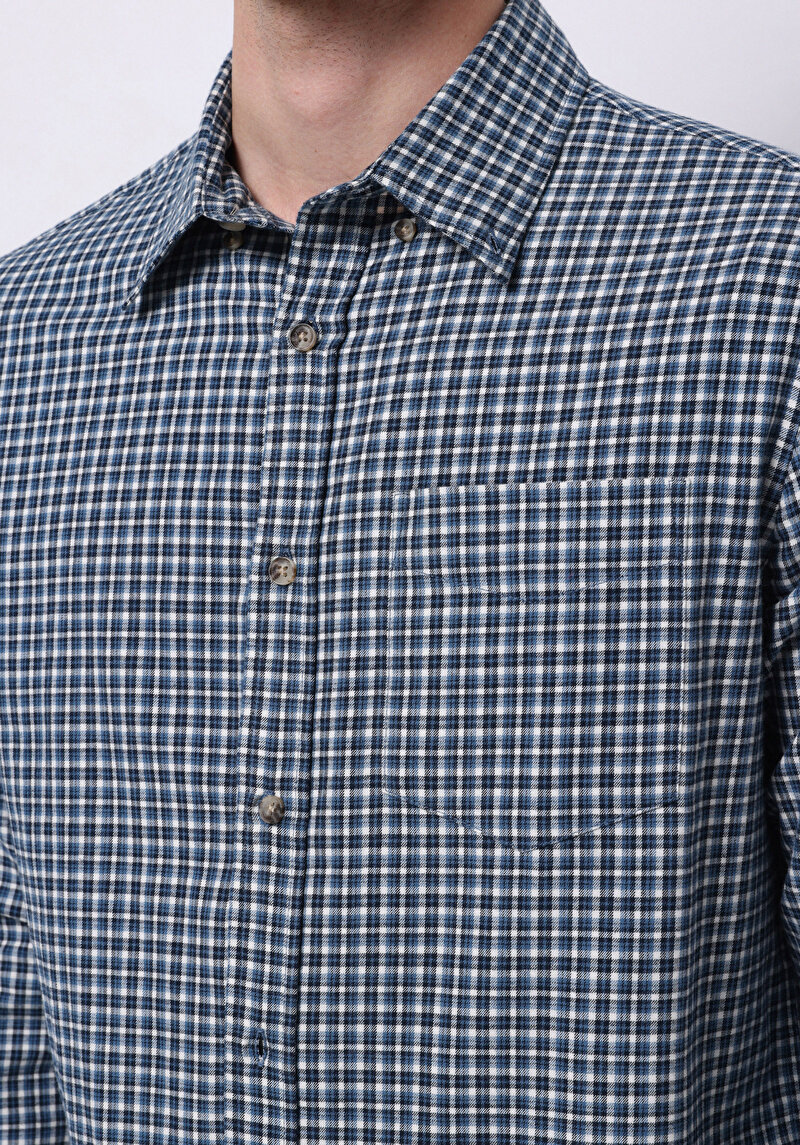 Afișați detalii pentru Cămașă Cu Gât În Carouri Cămașă Cu Mânecă Lungă Bleumarin Pentru Bărbați