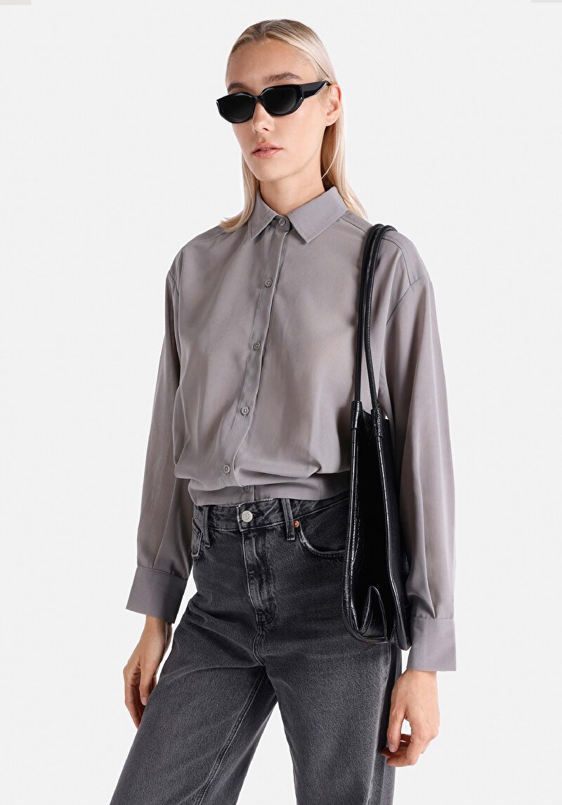 Imagine a Regular Fit Cămașă Gât În Carouri Cămașă Gri Cu Mânecă Lungă Pentru Femei