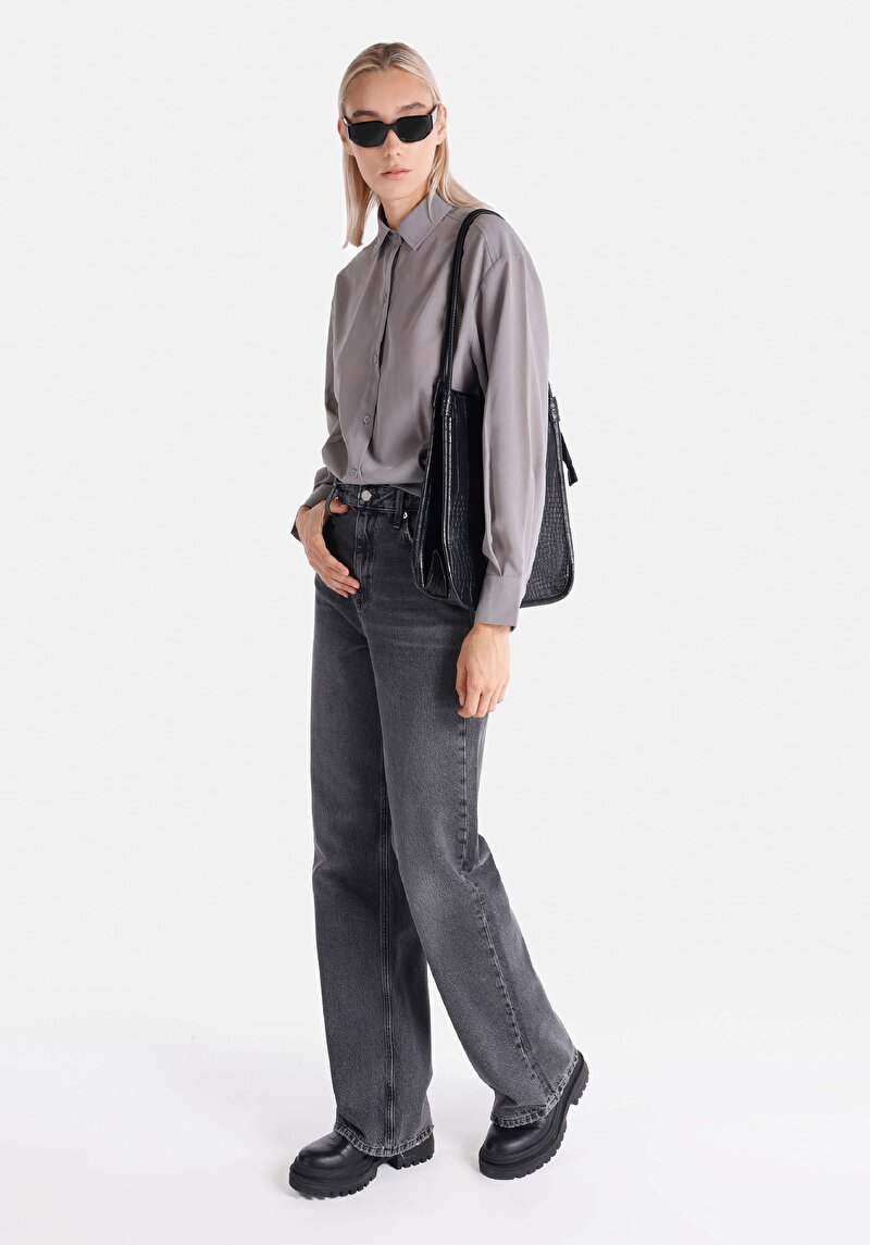 Imagine a Regular Fit Cămașă Gât În Carouri Cămașă Gri Cu Mânecă Lungă Pentru Femei