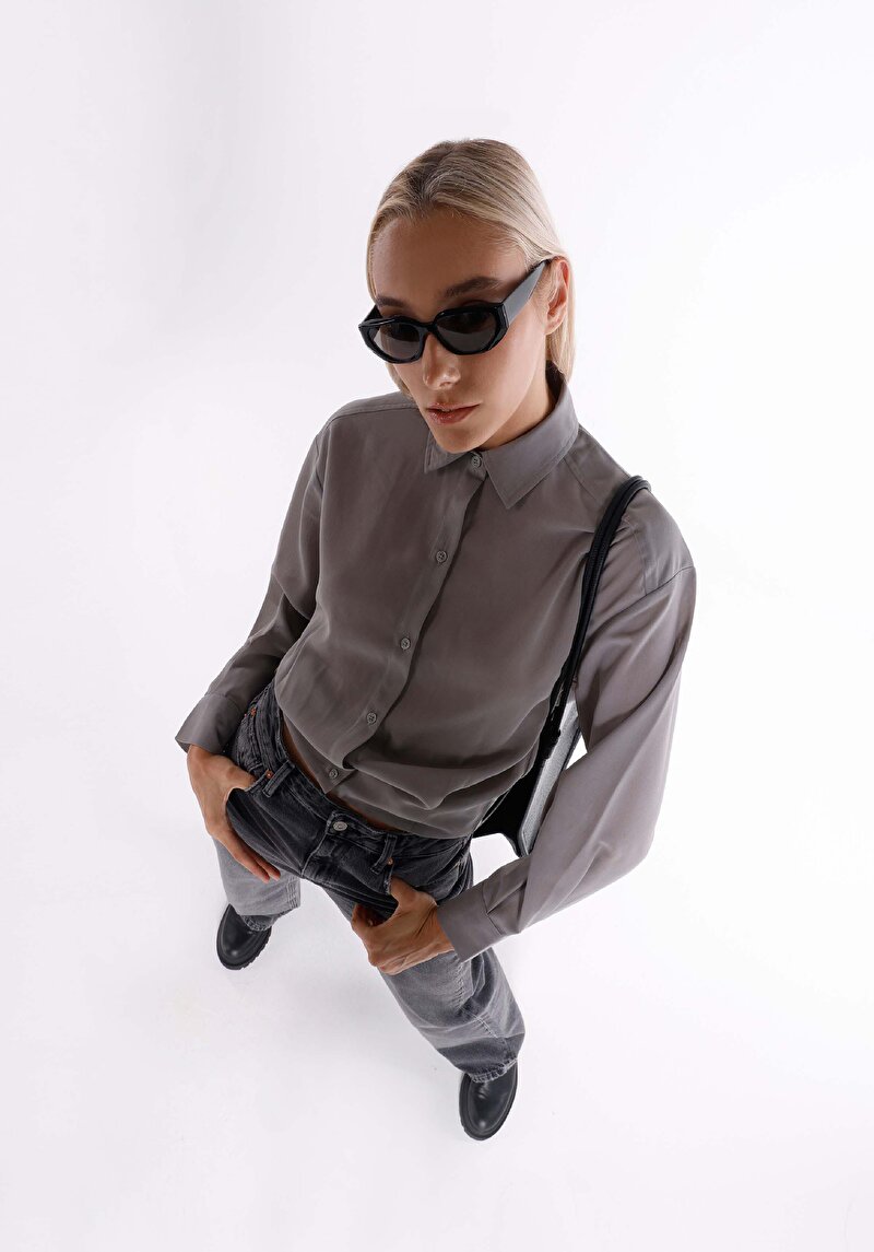 Afișați detalii pentru Regular Fit Cămașă Gât În Carouri Cămașă Gri Cu Mânecă Lungă Pentru Femei