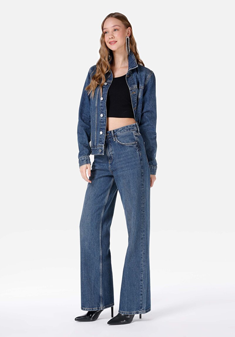 Imagine a Regular Fit Talie Înaltă Picior Larg Blugi İndigo Pentru Femei