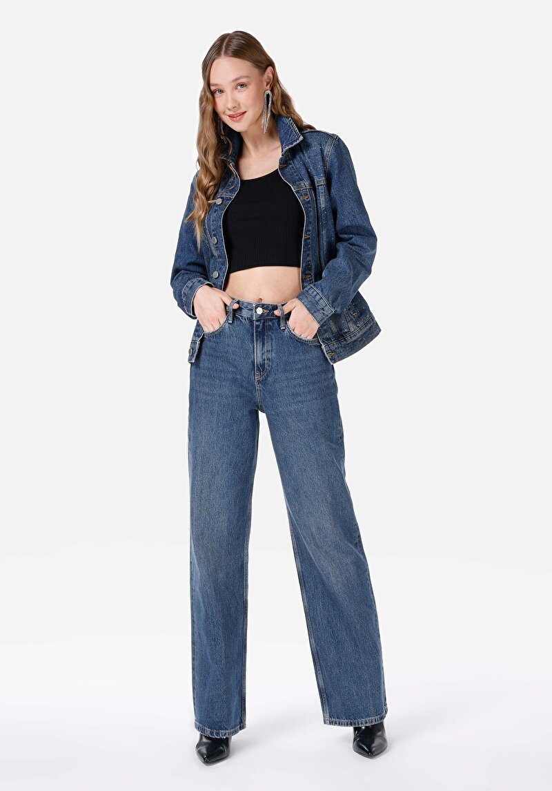 Imagine a Regular Fit Talie Înaltă Picior Larg Blugi İndigo Pentru Femei