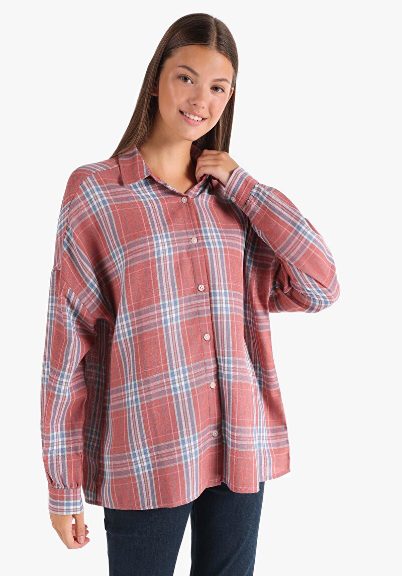 Imagine a Cămașă Relaxată Cu Gât În Carouri Cămașă Portocalie Cu Mânecă Lungă Pentru Femei