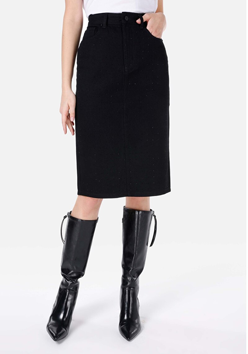 Afișați detalii pentru Fustă Albastru Închis Pentru Femei Cu Nasturi Drepți Cu Nasturi Drepți