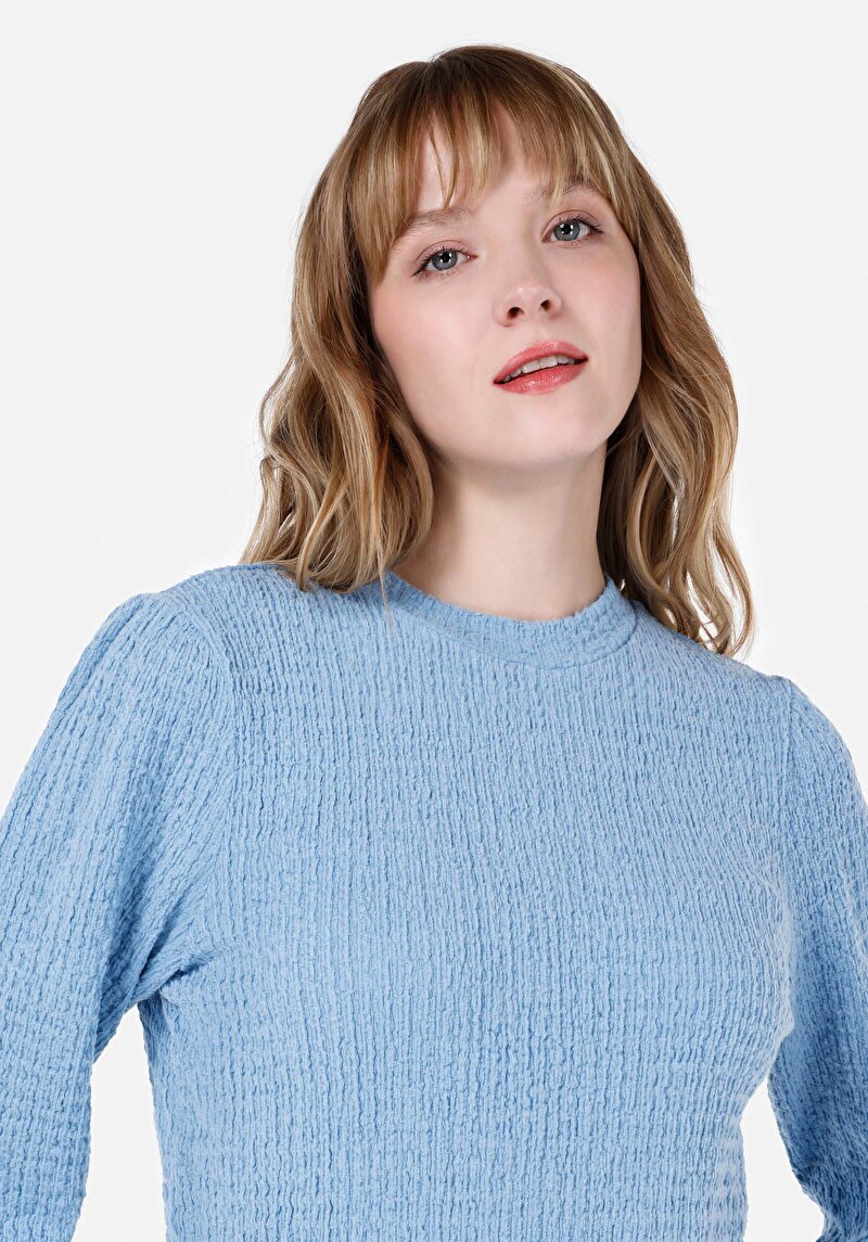 Afișați detalii pentru Regular Fit Round Neck Drept Tricou Albastru Cu Mânecă Lungă Pentru Femei