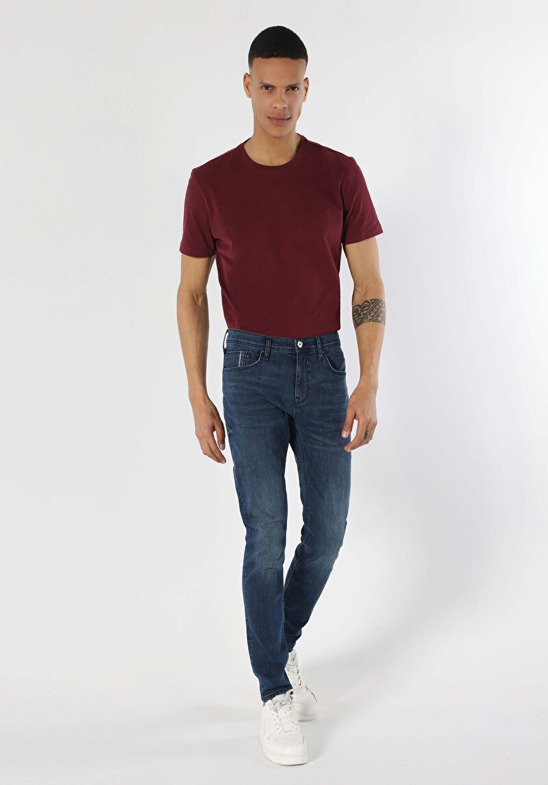 Imagine a Skinny Fit Talie Joasă Picior Îngust Blugi İndigo Pentru Bărbați