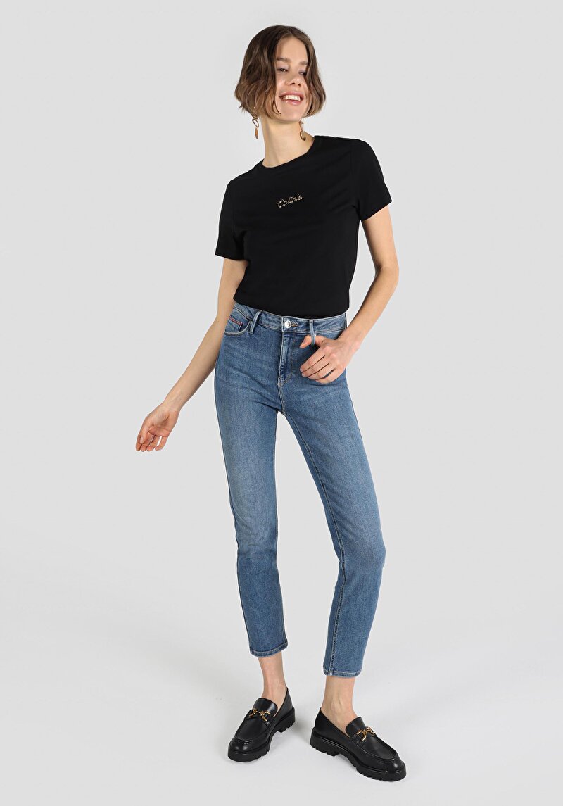 Afișați detalii pentru Slim Fit Mid Waist Straight Leg Blugi İndigo Pentru Femei