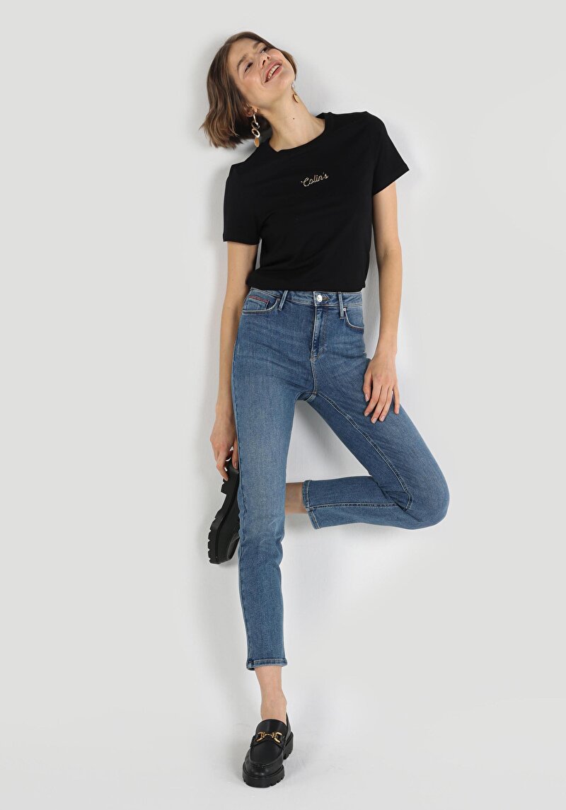 Afișați detalii pentru Slim Fit Mid Waist Straight Leg Blugi İndigo Pentru Femei