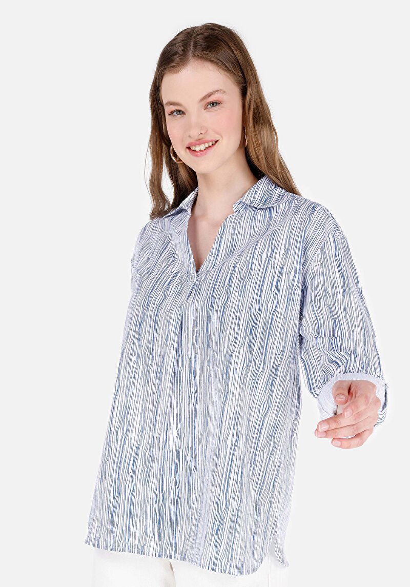 Imagine a Cămașă Regular Fit Neck Striped Cămașă Albă Roll-Up Pentru Femei